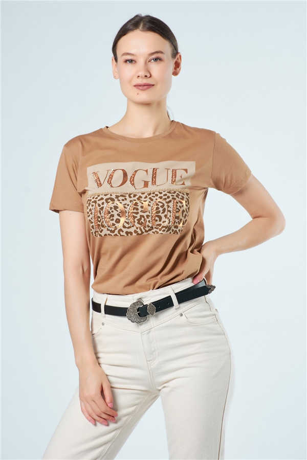 3015 Leopar Zeminli Yazılı T-Shirt Camel-Coral