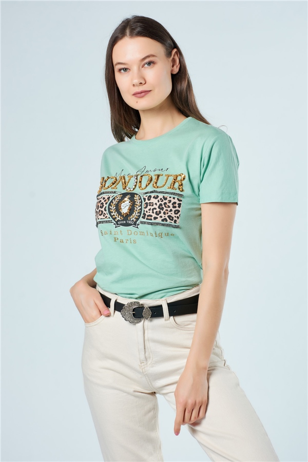 3016 Taşlı Yazılı Leoparlı T-Shirt MINT YEŞILI-Coral