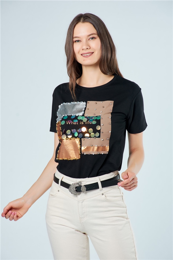 3020 Pullu Kare Garnili T-Shirt Siyah-Coral