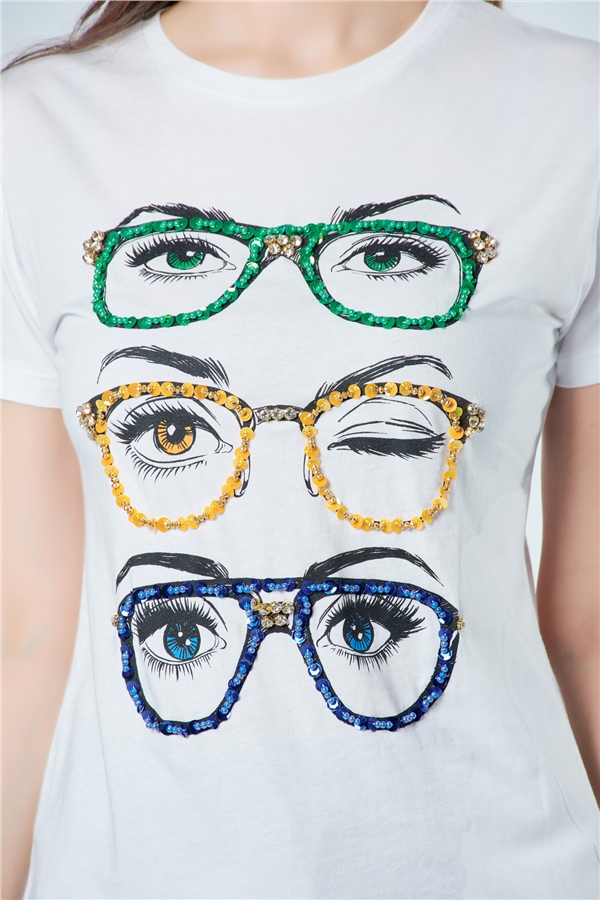 3054 Pullu Gözlüklü T-Shirt Beyaz-Coral