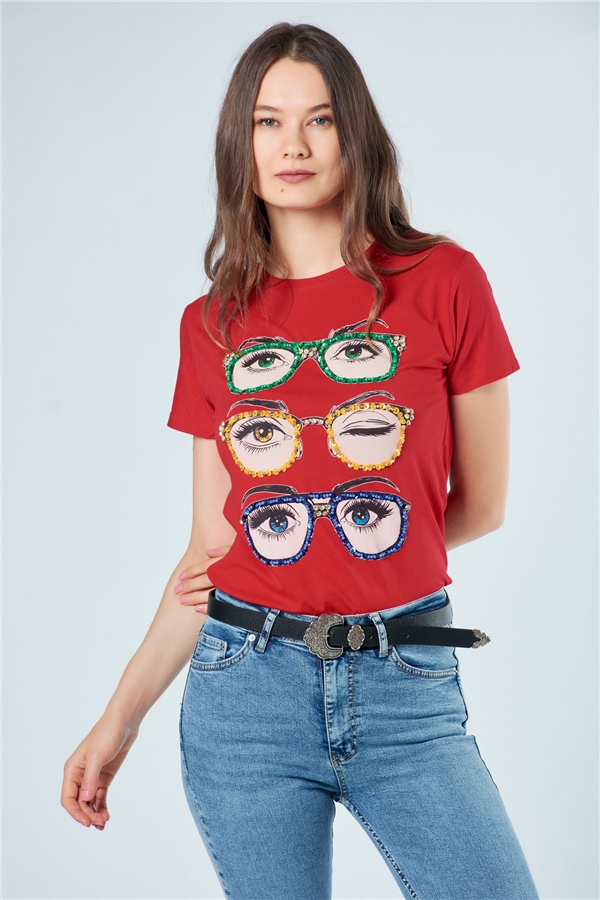 3054 Pullu Gözlüklü T-Shirt Kırmızı-Coral
