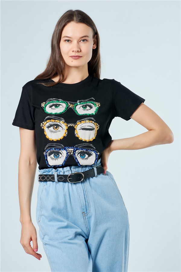 3054 Pullu Gözlüklü T-Shirt Siyah-Coral