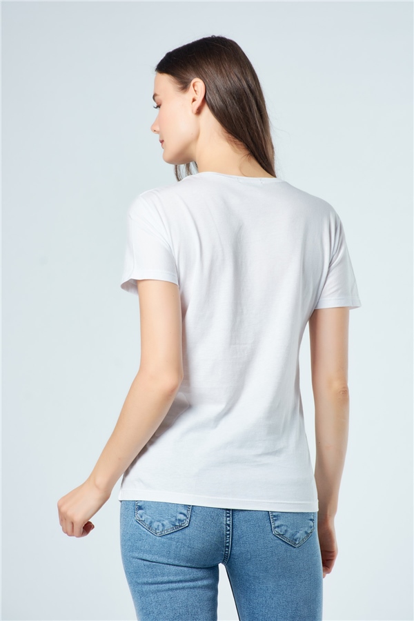 3057 Kot Ceketli Kadın Baskılı T-Shirt Beyaz-Coral