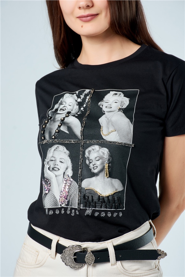 3176 Marilyn Monroe Resimli T-Shirt Siyah-Coral