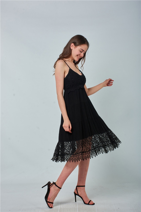31921 Üst Kısmı Trikolu Elbise Siyah-Coral