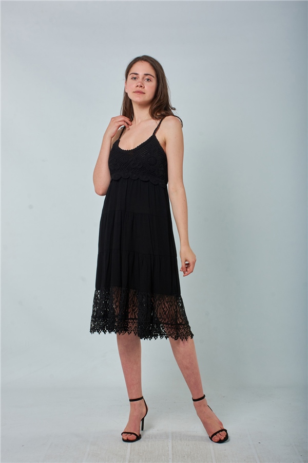 31921 Üst Kısmı Trikolu Elbise Siyah-Coral