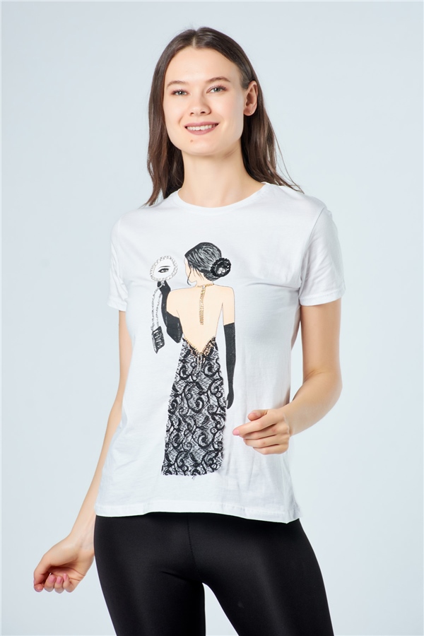 3206 Tül Elbiseli Kadın Baskılı T-Shirt Beyaz-Coral