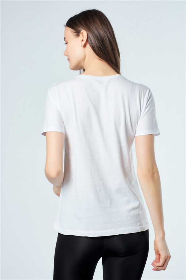 3238 Pullu Şapkalı Kadın Baskılı T-Shirt Beyaz-Coral