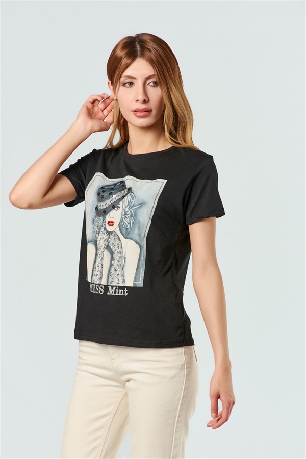 3238 Pullu Şapkalı Kadın Baskılı T-Shirt Siyah-Coral