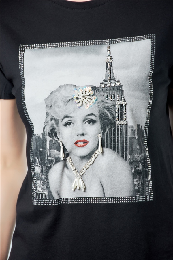3270 Marilyn Monroe Portreli T-Shirt Siyah-Coral