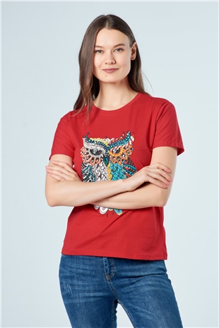 3003 Renkli Baykuş İşlemeli T-Shirt Kırmızı-Coral