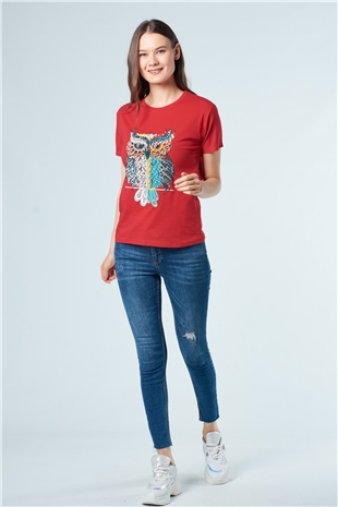 3003 Renkli Baykuş İşlemeli T-Shirt Kırmızı-Coral