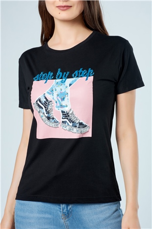 3037 Taşlı Spor Ayakkabılı T-Shirt Siyah-Coral