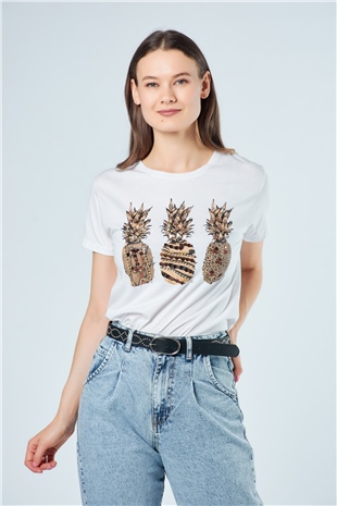 3039 Taşlı Ananas İşlemeli T-Shirt Beyaz-Coral