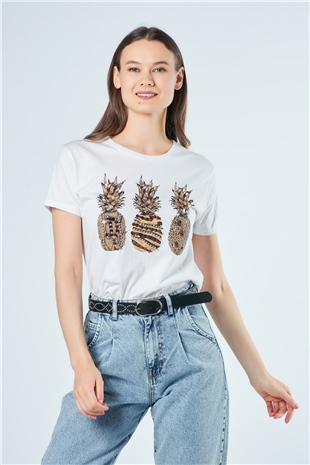 3039 Taşlı Ananas İşlemeli T-Shirt Beyaz-Coral