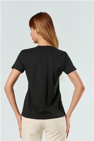 3039 Taşlı Ananas İşlemeli T-Shirt Siyah-Coral