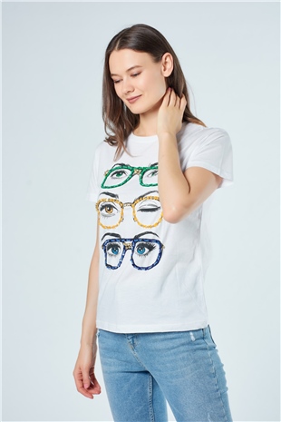 3054 Pullu Gözlüklü T-Shirt Beyaz-Coral