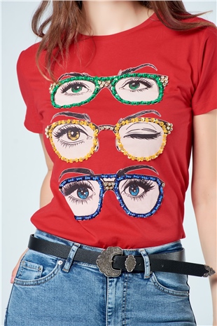 3054 Pullu Gözlüklü T-Shirt Kırmızı-Coral