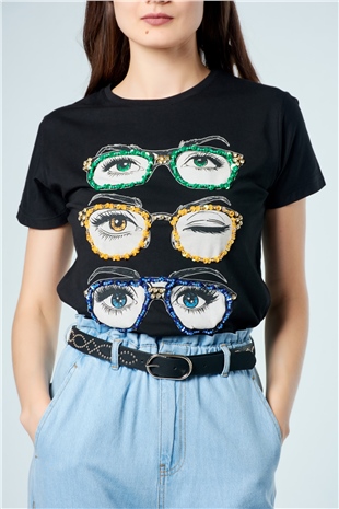 3054 Pullu Gözlüklü T-Shirt Siyah-Coral