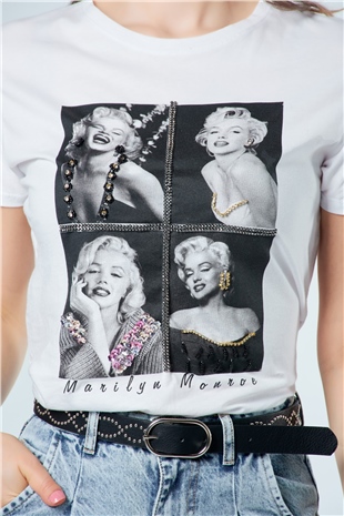 3176 Marilyn Monroe Resimli T-Shirt Beyaz-Coral