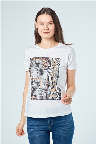 3189 Dergili Leopar Garnili T-Shirt Beyaz-Coral