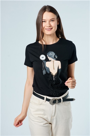 3206 Tül Elbiseli Kadın Baskılı T-Shirt Siyah-Coral