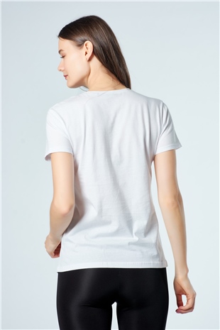 3206 Tül Elbiseli Kadın Baskılı T-Shirt Beyaz-Coral