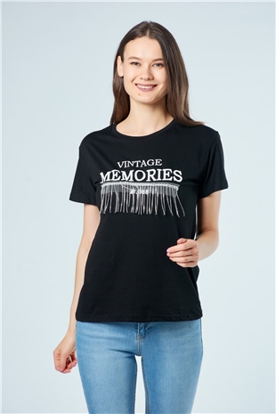 3237 Önü Taş Saçaklı T-Shirt Siyah-Coral