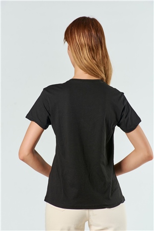 3238 Pullu Şapkalı Kadın Baskılı T-Shirt Siyah-Coral