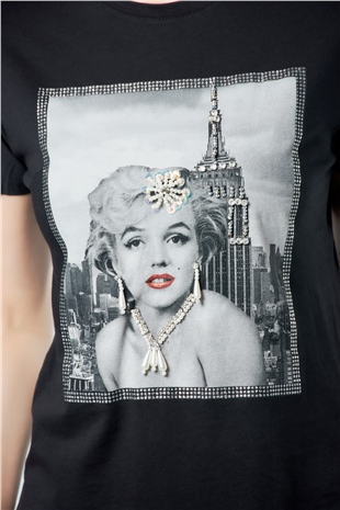 3270 Marilyn Monroe Portreli T-Shirt Siyah-Coral