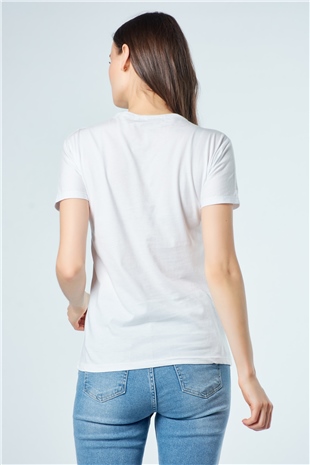3303 Şapkalı Kadın Baskılı T-Shirt Beyaz-Coral