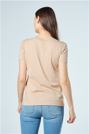 3470 V Yaka Basic T-Shirt Bej-Coral