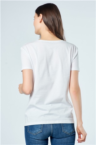 3470 V Yaka Basic T-Shirt Beyaz-Coral