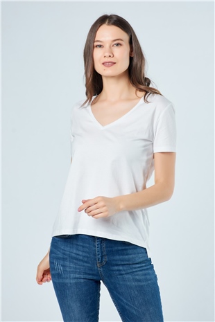 3470 V Yaka Basic T-Shirt Beyaz-Coral