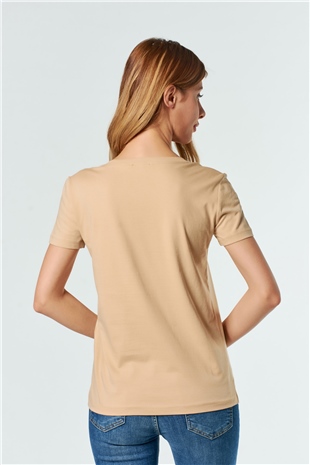 3470 V Yaka Basic T-Shirt Camel-Coral