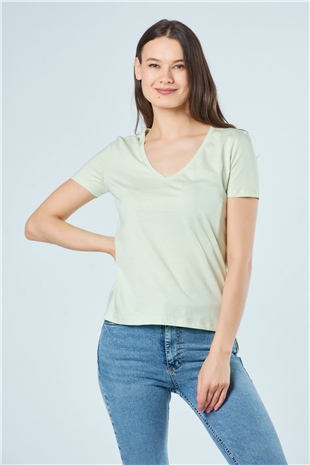 3470 V Yaka Basic T-Shirt Mint Yeşılı-Coral