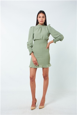 6131 Gipeli Yakalı Elbise Çagla Yeşilı-Coral