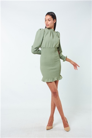 6131 Gipeli Yakalı Elbise Çagla Yeşilı-Coral