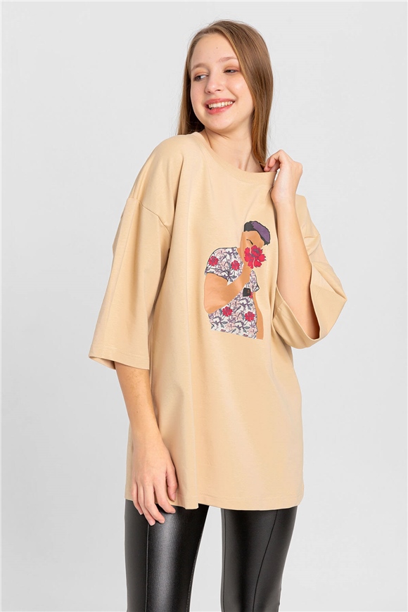 Baskılı T-Shirt Bej-Coral