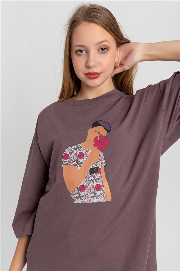Baskılı T-Shirt Üzüm-Coral