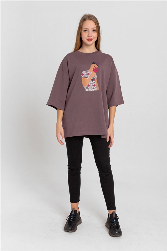 Baskılı T-Shirt Üzüm-Coral