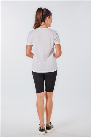 Coral 3057 Kot Ceketli Kadın Baskılı T-Shirt Beyaz-Coral