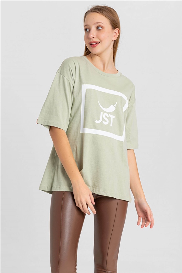Jst Baskılı T-Shirt Mint Yeşili-Coral